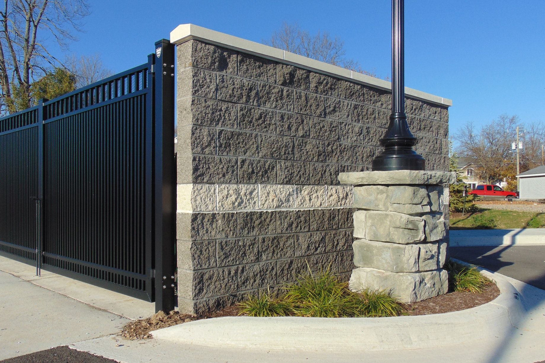 Parking lot streetscape Ledgestone light pole base