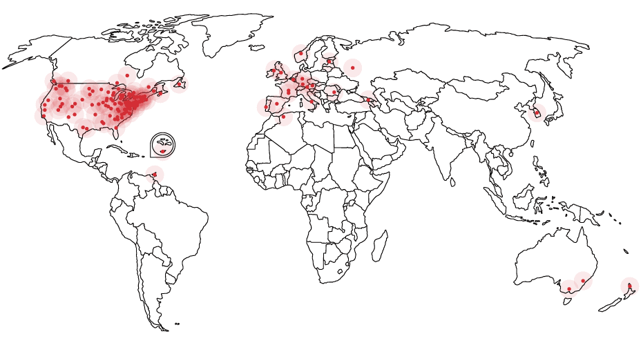 world map with red dots