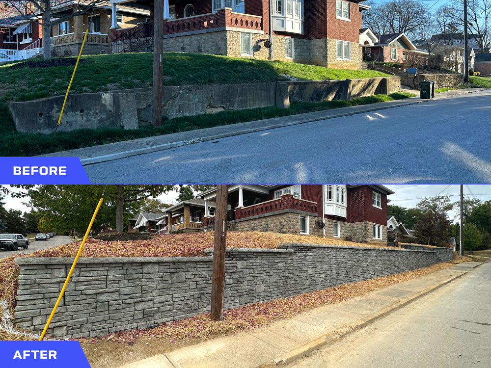 image of two images one being a failing retaining wall and the other is wall from Novum Wall