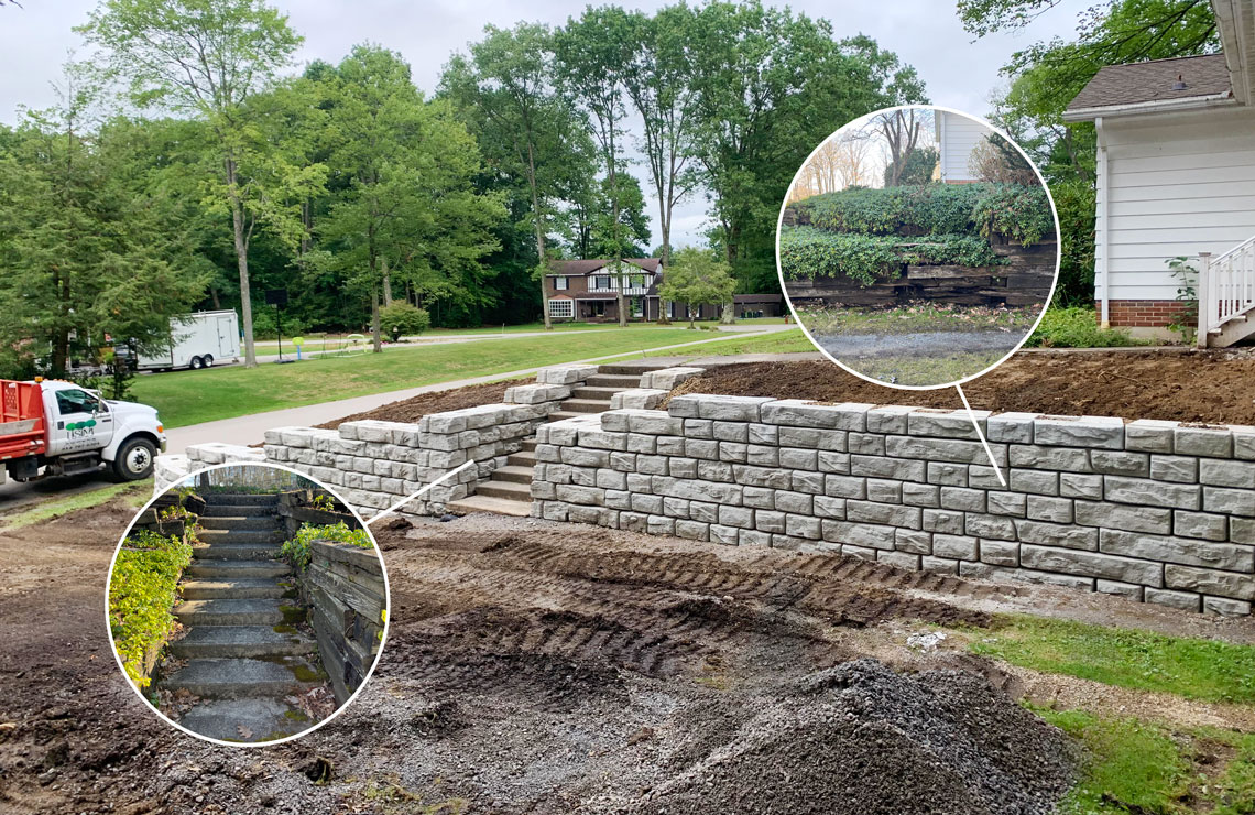 three images in one of two before images of failing wall and a novum wall being installed