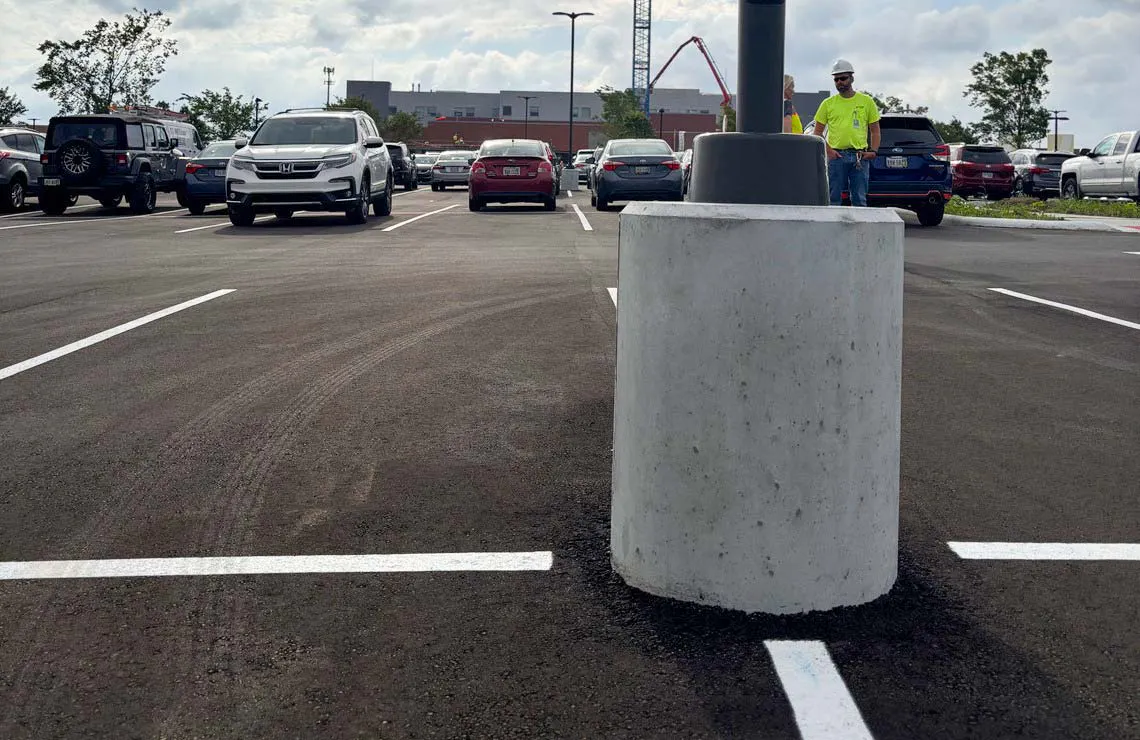 A Pole Base precast light pole bases provides site lighting for a parking lot application at the Cincinnati, Ohio Children's Hospital.