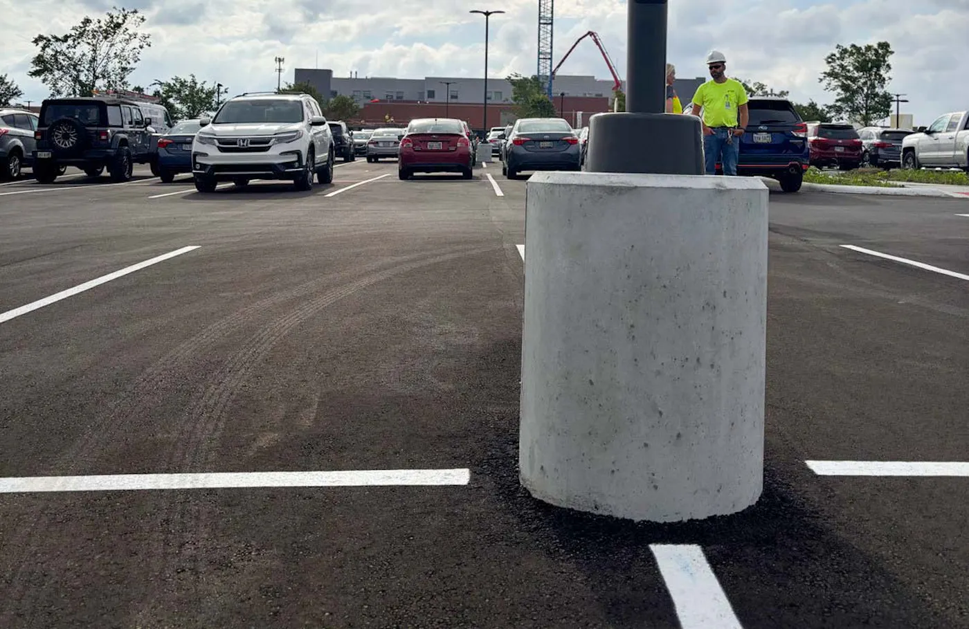 A Pole Base precast light pole bases provides site lighting for a parking lot application at the Cincinnati, Ohio Children's Hospital.