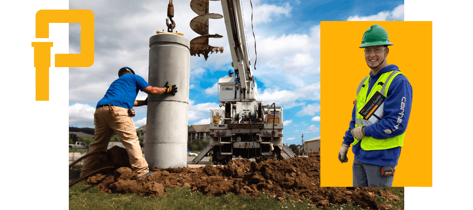 image of person installing pole base with another person holding book and pole base logo in corner