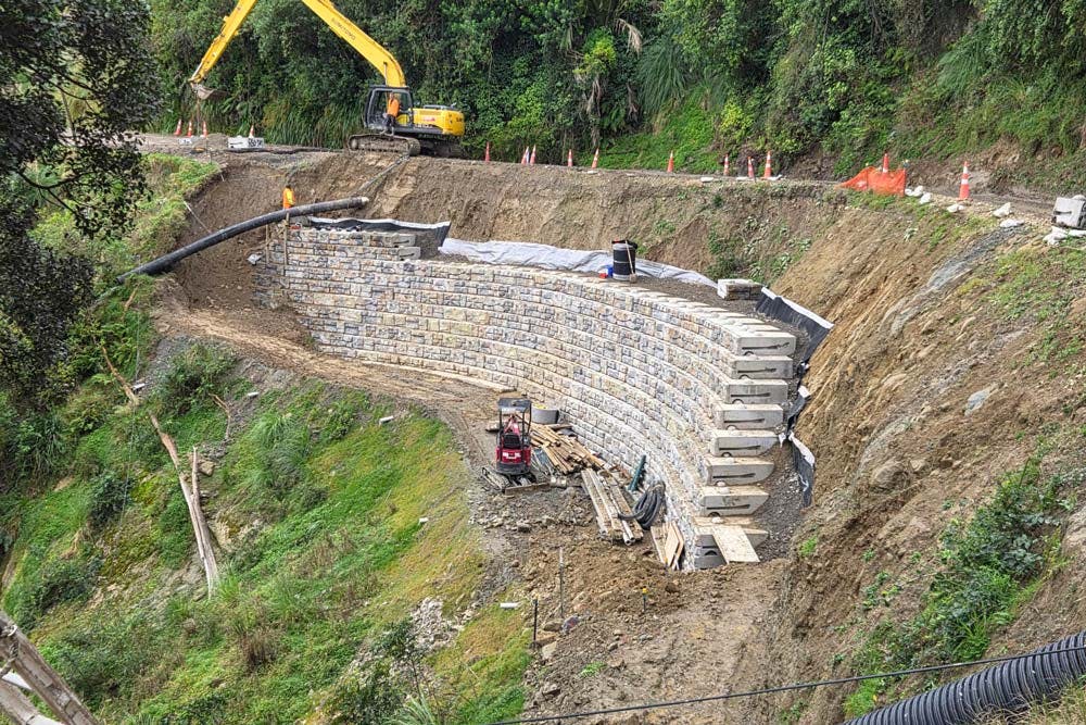 image of redi-rock wall being installed for road slip repair