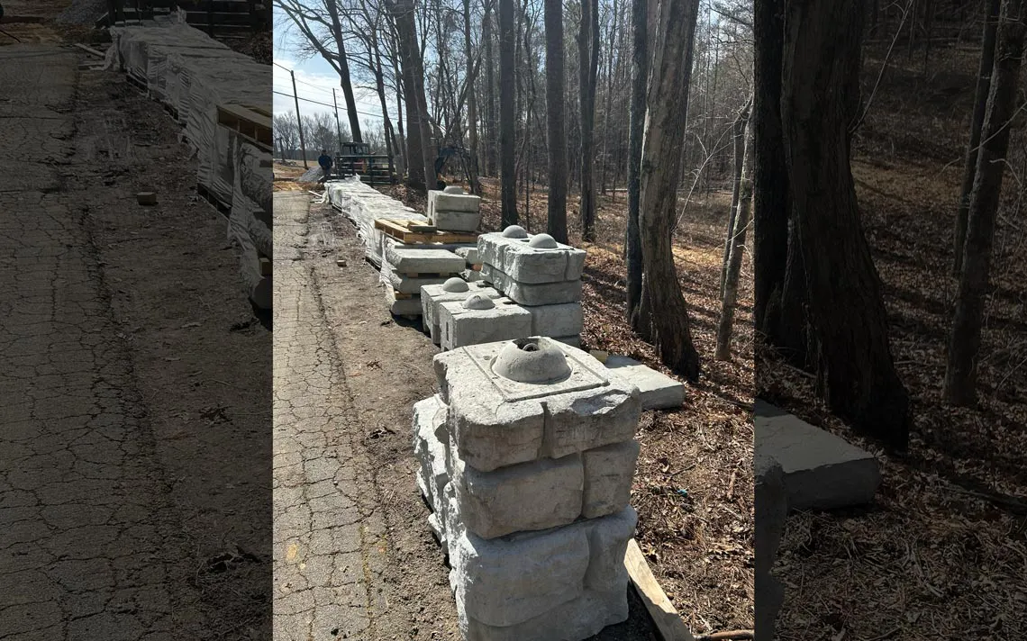 Redi-Rock freestanding blocks staged for jobsite installation.