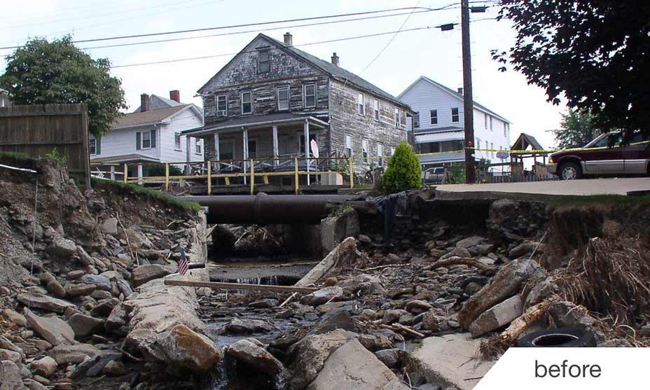 Coal Creek flood erosion damage before new retaining walls were built