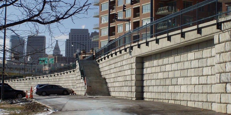 Parking area with Limestone retaining wall incorporating steps