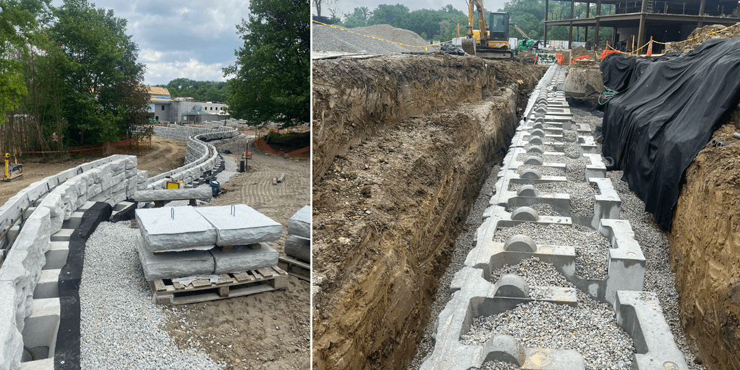 two images of redi-rock F-HC and XL blocks being installed