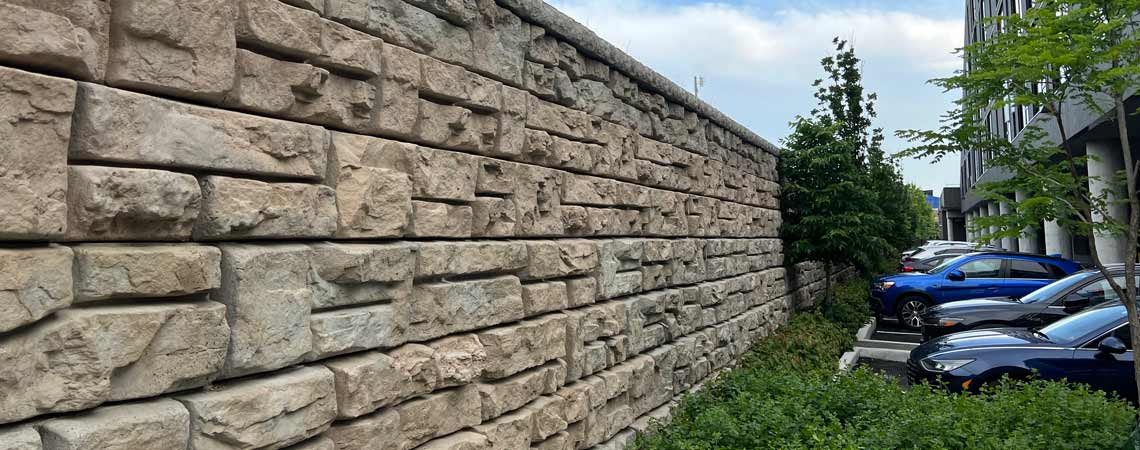 image of redi-rock ledgestone wall next to parking lot with cars and trees