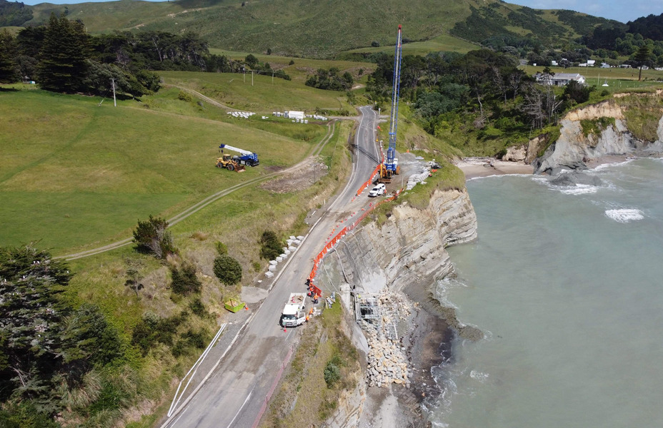 wall repair on cliff-side road in new zealand