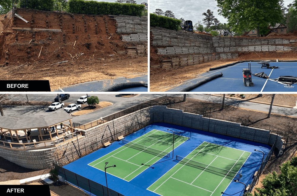 two images of failing wood wall and another image of a redi-rock XL wall