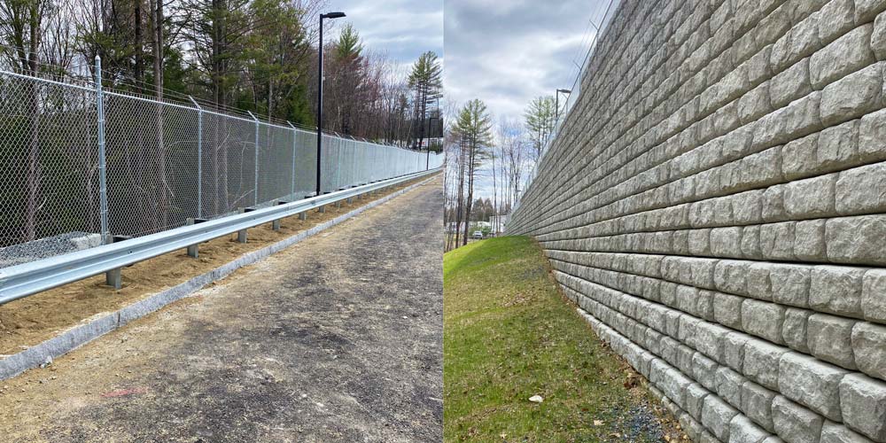 two images combined showing top and bottom of cobblestone redi-rock wall