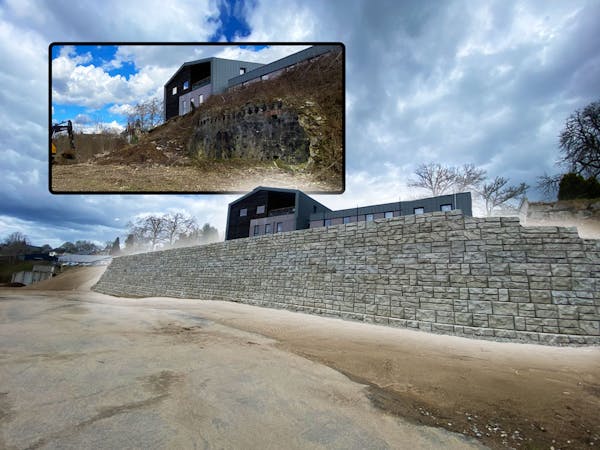 image of wall failiure and after new redi-rock retaining wall was installed