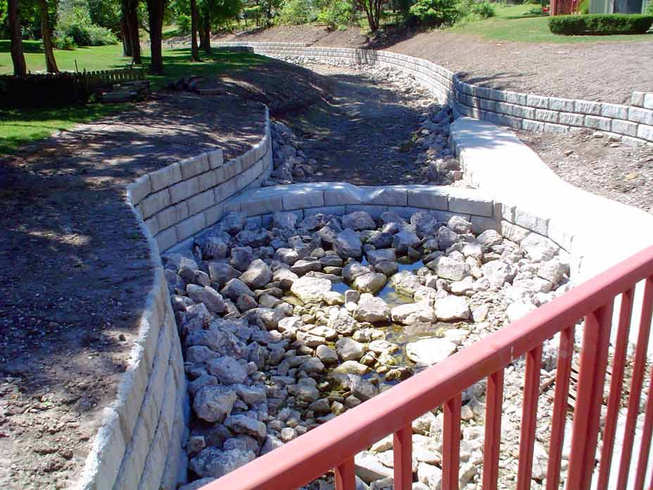 Retaining walls used to provide erosion control in channel