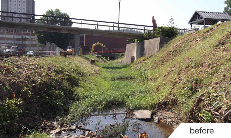 Erosion damaged storm channel before construction of new retaining walls