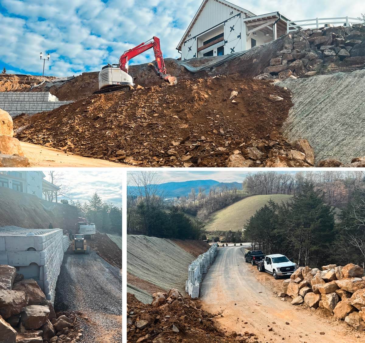 collage of 3 images of redi-rock wall installation area with rubble, gravel road, and hills