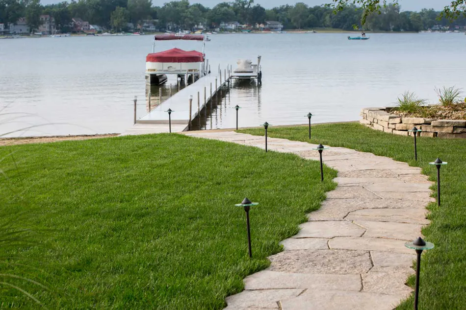 Grand Flagstone walkway leading to docked boats