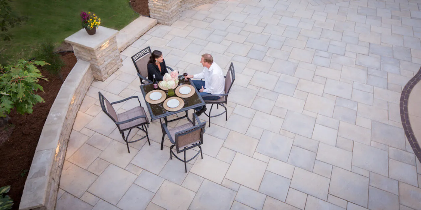image of dimensional flagstone for patio with people at a table
