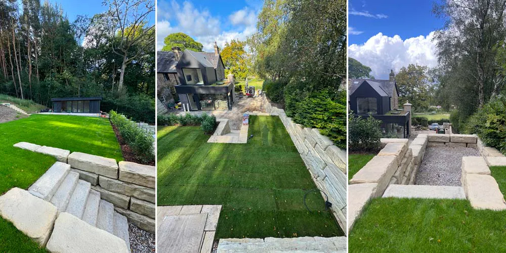 Turf and hedges add beauty and function to the multiple tiers created by the Grand Ledge walls.
