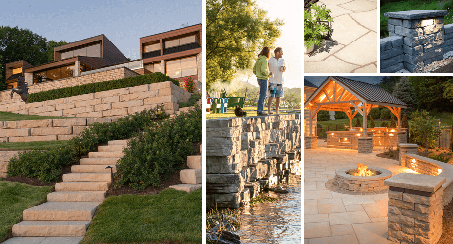 5 images of rosetta projects including grand ledge, outcropping, belvedere fire pit, kodah column, and grand flagstone