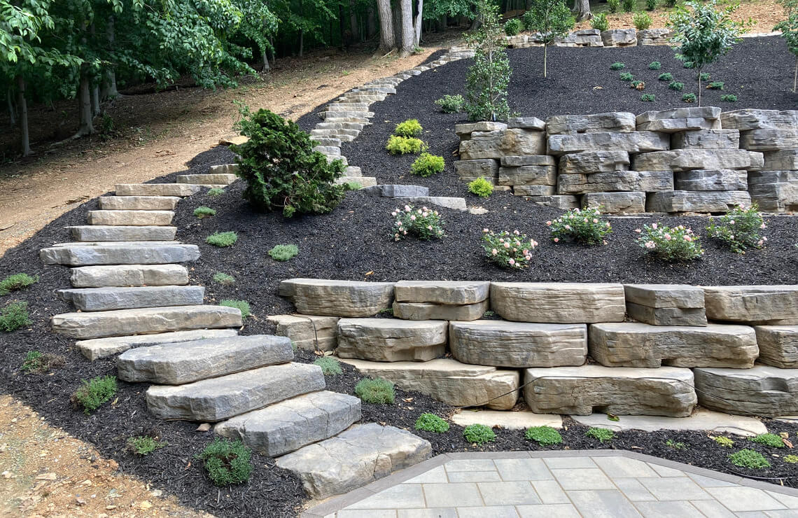 slopped garden with outcropping walls and irregular steps along the side