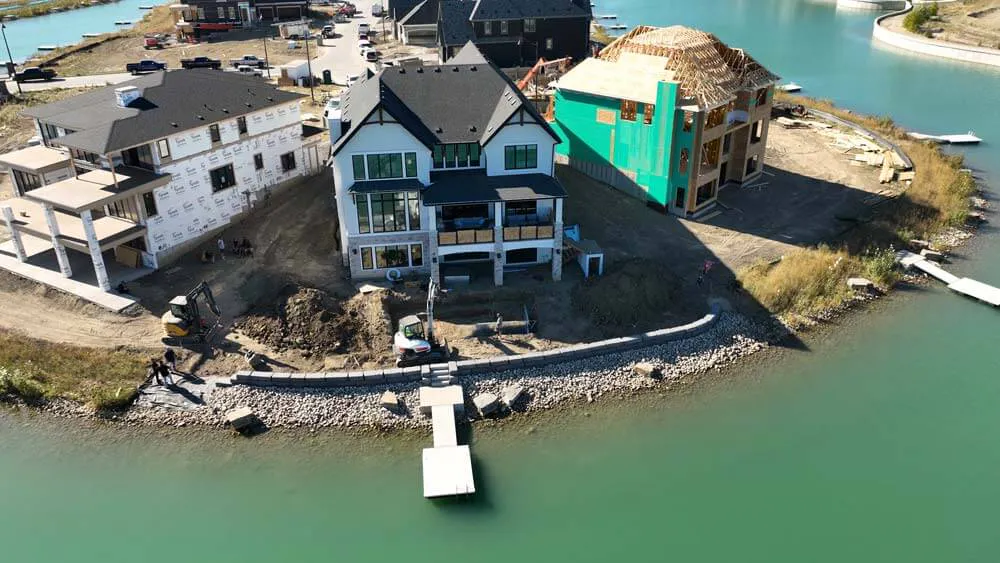aerial view of house on lake