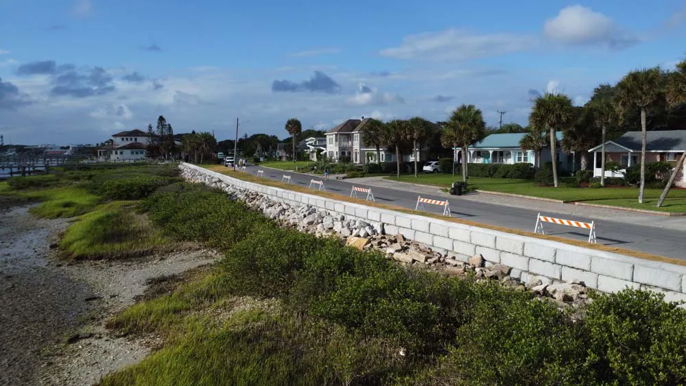 The completed Redi-Rock gravity wall, stretching nearly 650 linear feet, included almost 5200 square feet of face surface.