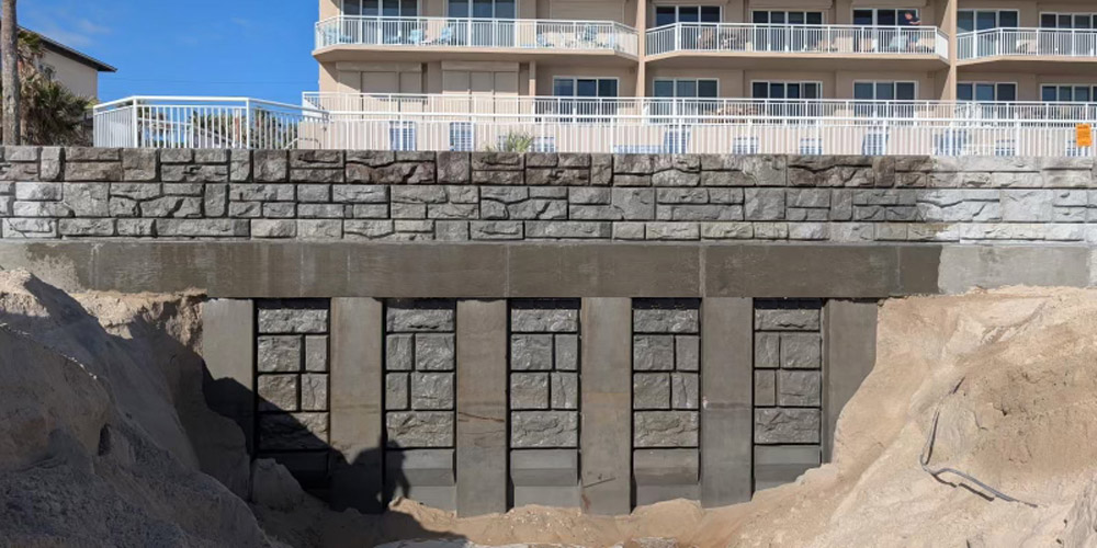 image of coast armor piles with a redi-rock wall on top