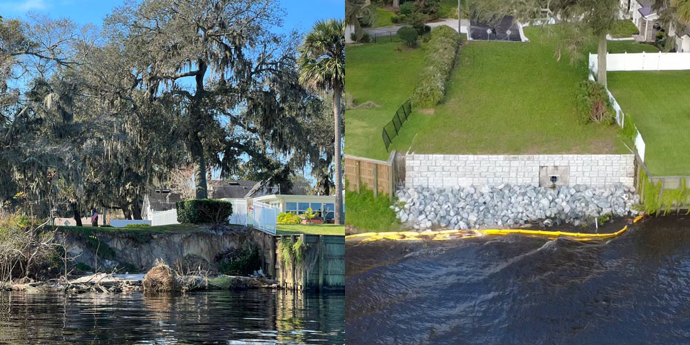 before and after retaining wall installation